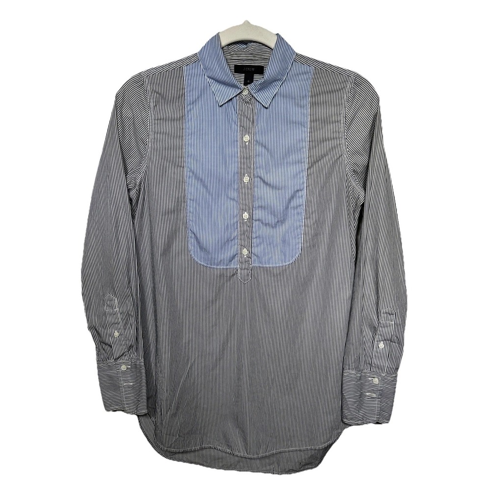 J.Crew Bib Popover 100% Cotton Long Sleeve Striped Gray Blue Women's Size 0